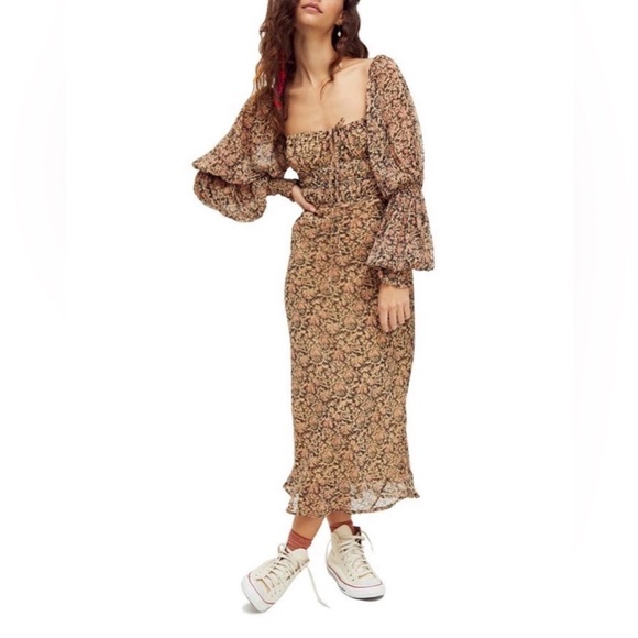 Free People FP Aglow Long Sleeve Cutout Midi Dress Boho Smocked Beige Large